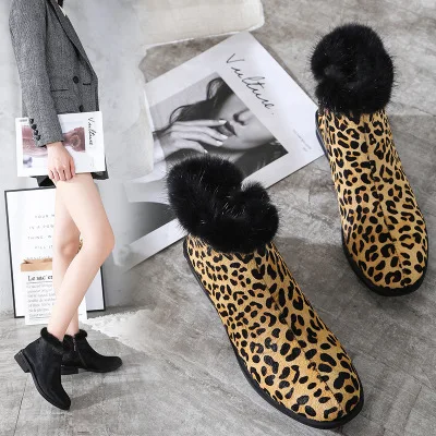 

Leather horse hair short boots women's shoes with a leopard print Martin boots 2019 autumn and winter new plus velvet Europe and