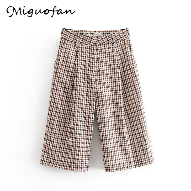 Lattice Miguofan, женские клетчатые широкие брюки, брюки с узором гусиные лапки, свободные карманы, элегантные штаны на молнии до колена - Цвет: Lattice
