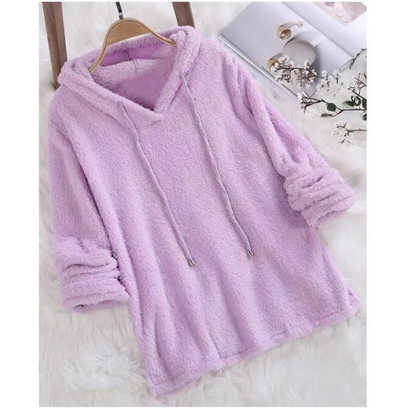Women Warm hoodies Winter Solid Color Long-sleeved Hooded Fur Double-faced Fleece Sweater plush sweatshirt Pajamas 5XL