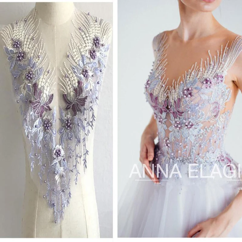 Pink Blue Sequin Pearl Appliques Sew On Patches Lace Fabric Neckline Collar Mesh Embroidery For Wedding Gown DIY Decoration P043|Patches| - AliExpress