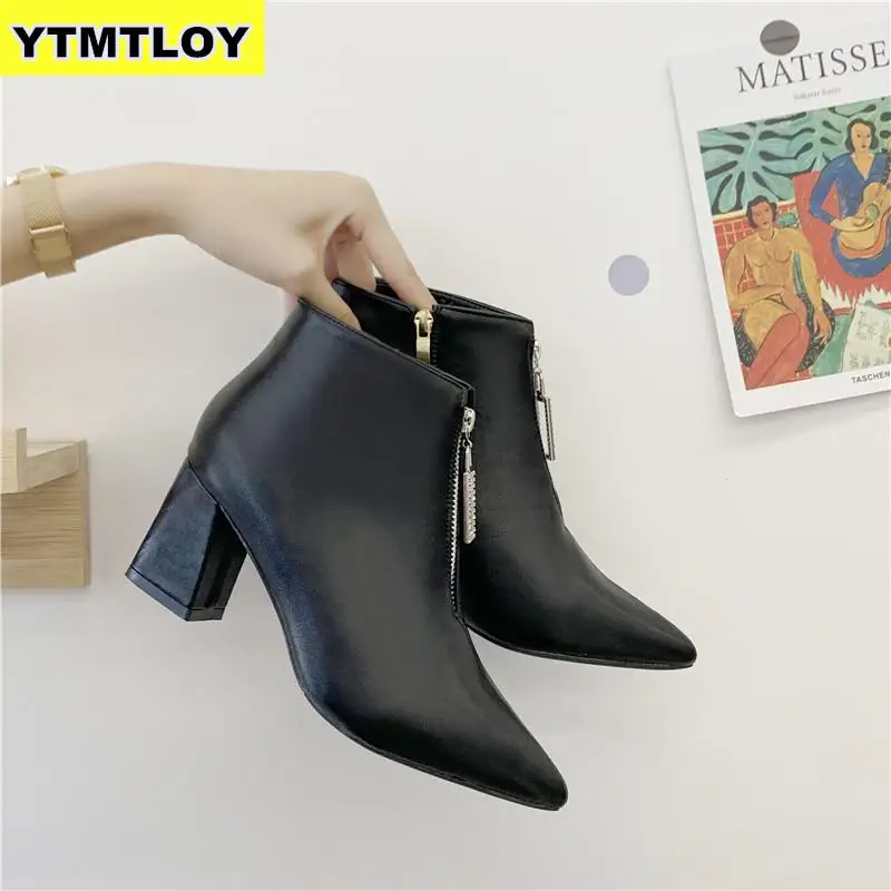 Brand Zipper Boots Woman Front Big Open Botas Mid-Calf Botines Winter Thick High Heels Patent Leather Martin Booties