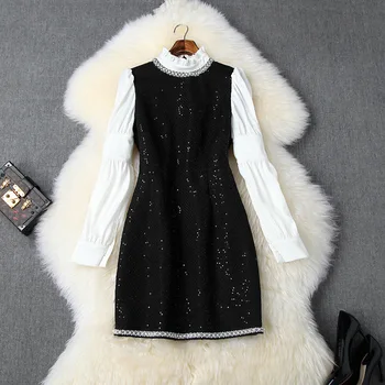 

Women winter sequined tweed dress black patchwork white ruffles collar long sleeve pearls beading cute dresses new 2019