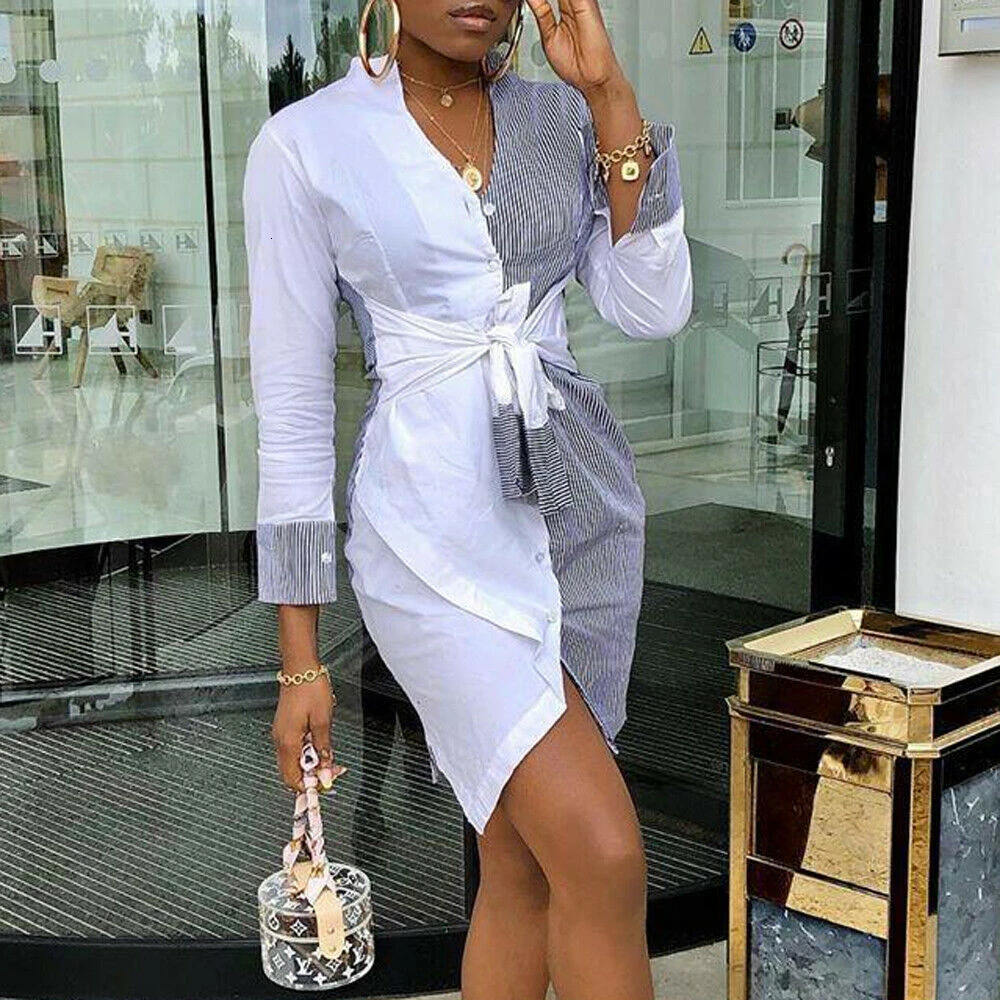 

Fashion Shirt Dress Women Stripe Patchwork Short Party Dress Summer Autumn Holiday Sundress Office Lady Casual Dresses