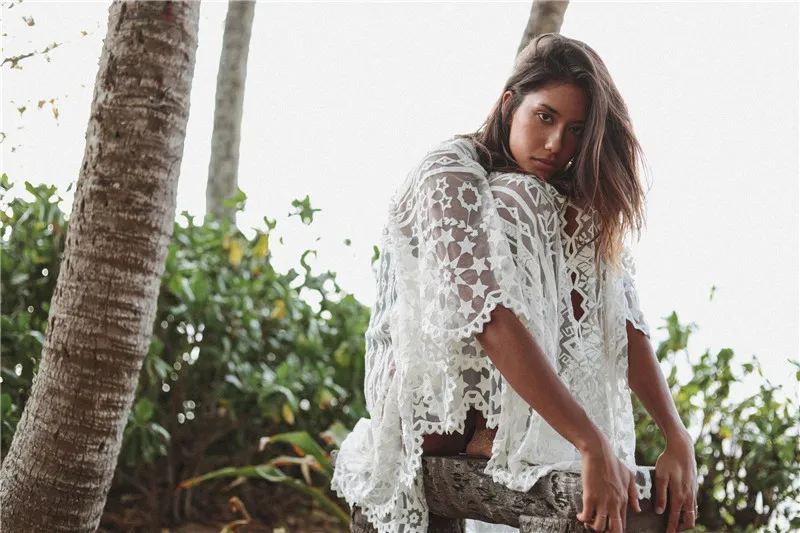 Летняя одежда для женщин, платье в стиле Boho-Chic, длинное женское пляжное платье, белый кружевной кафтан, Прая, свободный, Salida De Bano, Плайя Mujer