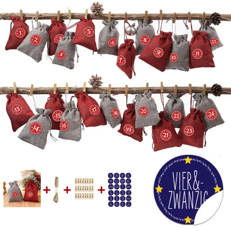 24Pcs Advent Christmas Calendar Filling Candy Bag with Stickers Clips Drawstring