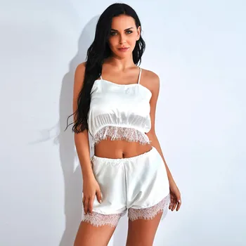 

New Women Satin Lace Silk Underwear Pajamas Patchwork Spaghetti Strap Backless Lingerie White Camisole Shorts Cute Sleepwear Set