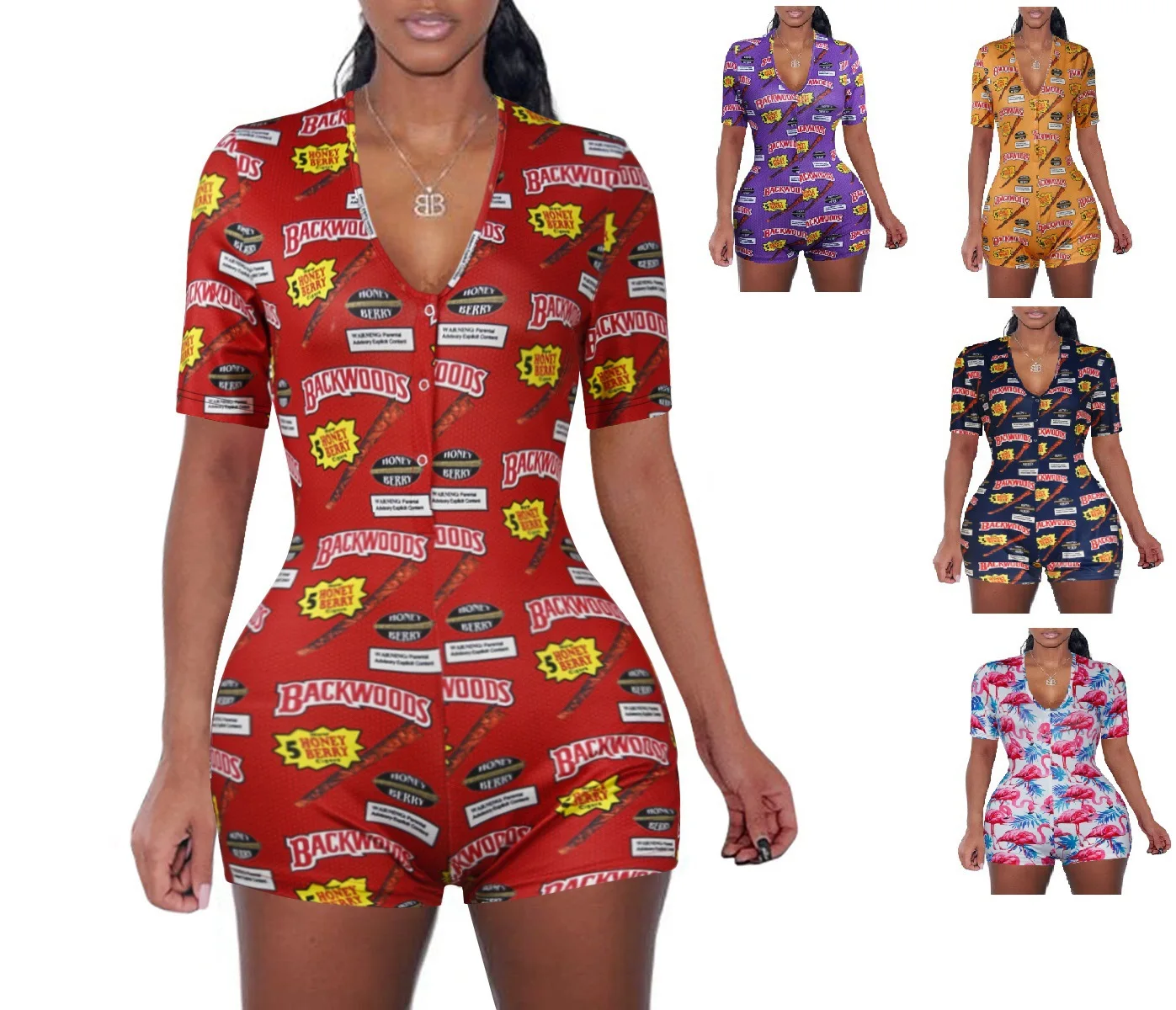 

2020 European and American New Jumpsuit Sexy Deep V-neck Printed Short-Sleeved Button Rompers Tight Jumpsuit