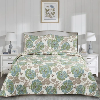 

1pc Bed cover+2pcs Pillowcases Green Peonys Bedding set Green Garden style Bedspread Luxury cotton Quilt Quilting Blanket