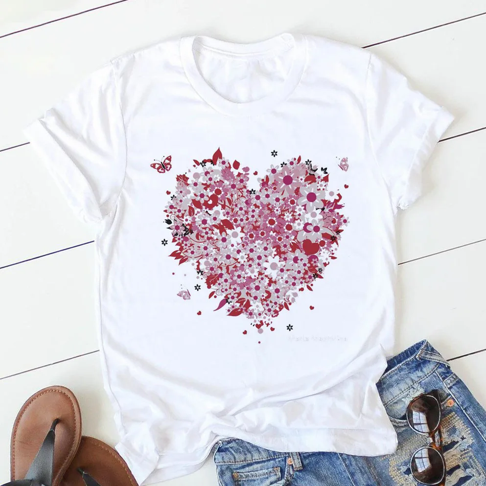 pink heart flower Print Women tshirt Short Sleeve Print Clothes Ladies Womens T-Shirt Graphic Tops Clothes Female T-shirts