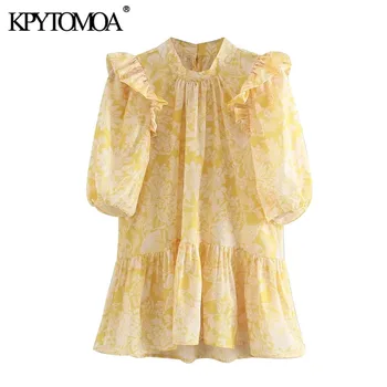 

KPYTOMOA Women 2020 Sweet Fahsion Floral Print Ruffled Blouses Vintage O Neck Short Sleeve Female Shirts Blusas Chic Tops
