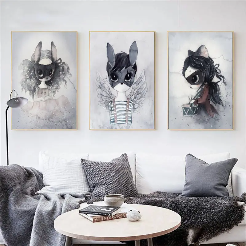

RuoGuan Home Decor Nordic Canvas Painting cartoon Rabbit Girl Modular Pictures Watercolor Poster For Kids Room No Frame SH-724