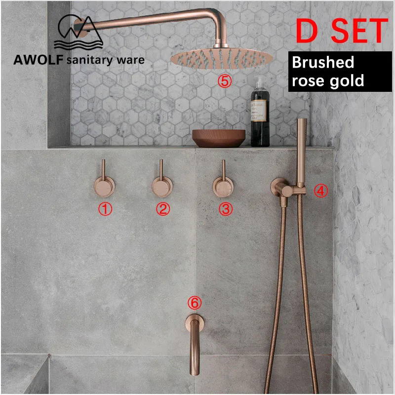 Brushed rose gold D Набор для ванной комнаты, матовый, розовое золото, простота, твердая латунь, 8 дюймов, насадка для душа, кран, смеситель для душа, ванна, черный хром, AH3023 - Цвет: Brushed rose gold D