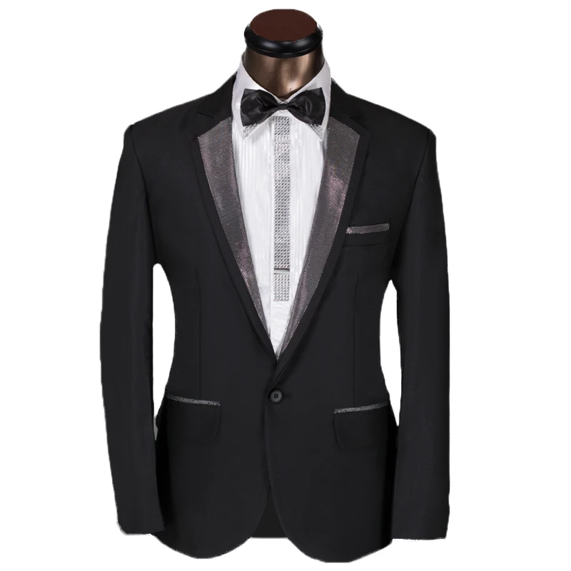 Men Blazer Casual One Button Shawl Collar Regular Black Sliver Formal Jacket Slim Fit Wedding Classic Mens Blazer Suit Jacket