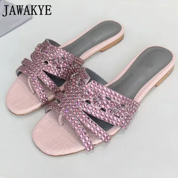 

Summer Rhinestone Thong Sandals Flat Flip Flops Slippers Women Bling Bling Crystal Beach Shoes Pink Cocrodile Leather Sandals