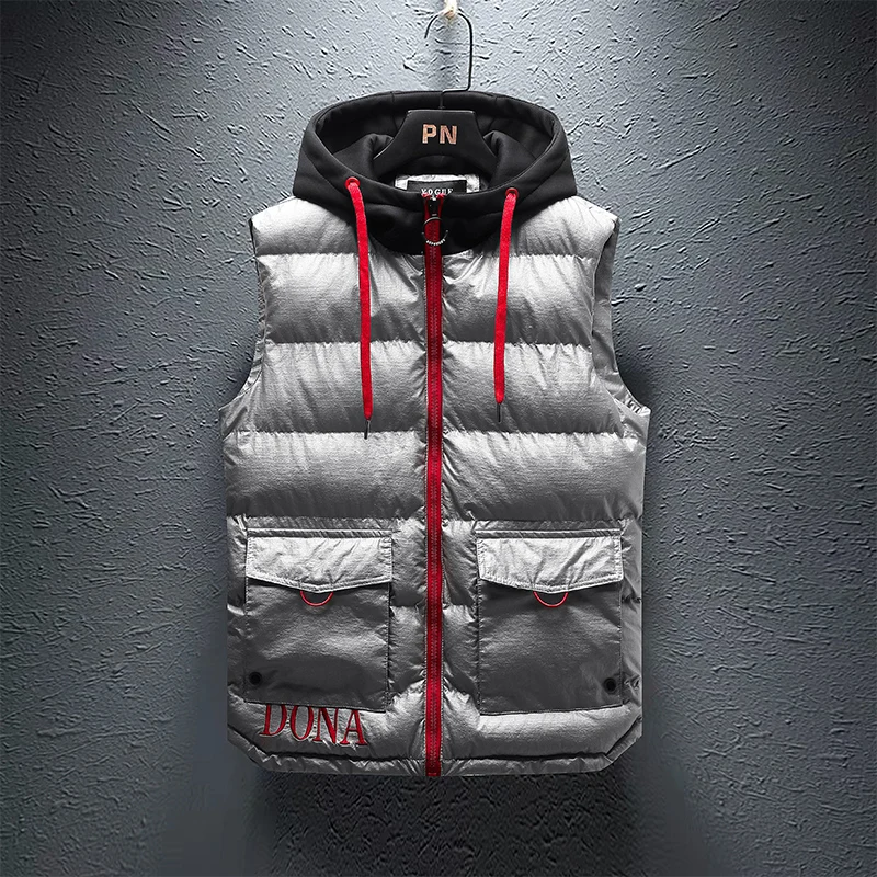 

New Cotton Vest Men's Autumn And Winter Fashion Brand Hooded Jacket Korean version Shoulder Thickened Warm Loose Bright vest