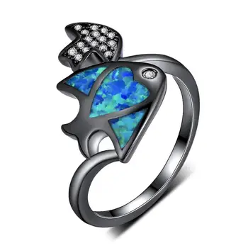 

New fashion women black fish ring love seaside holiday jewelry blue stone rings for women 2020 jewelry
