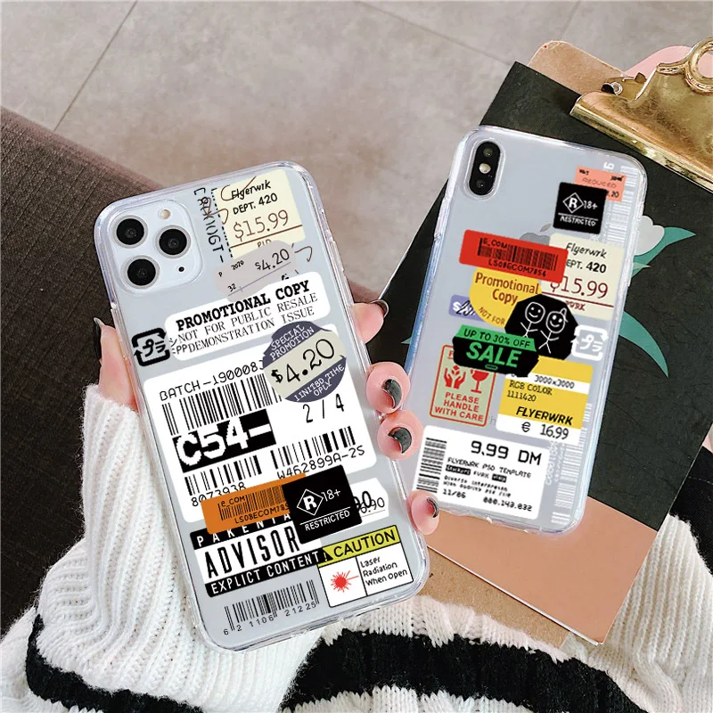

Luxury clear stamp label barcode Phone Case For iPhone 11 Pro MAX XR X XS MAX 7 8 6 6s plus Cover Fashion Transparent Soft Cover