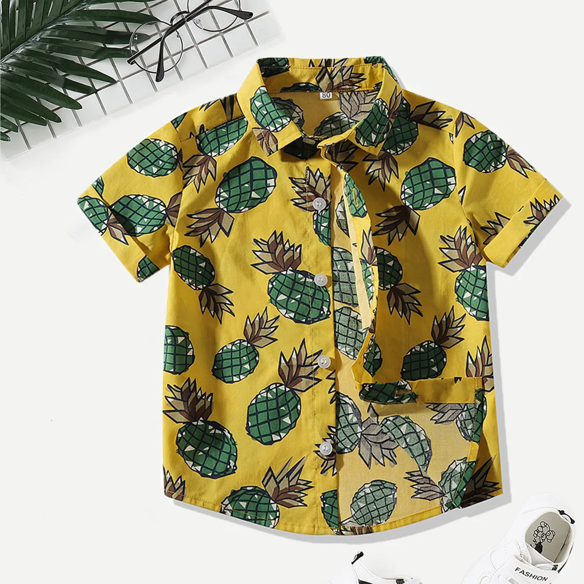 Summer Beach-Style CHILDREN'S Shirt Europe And America Infants BOY'S Clothes with Short Sleeves Full Printed Pineapple Tops