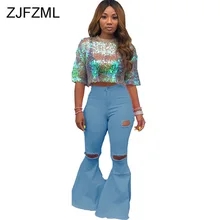 Неоновые, желтые, зеленые рваные джинсы для женщин,, с высокой талией, на молнии, джинсовые брюки, Осенние, женские, с дырками, расклешенные, полная длина, брюки