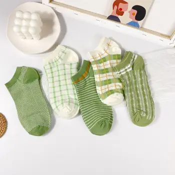 

Summer New Style Matcha Series Ship Socks Plaid Ventilation Shallow Mouth Socks Cotton Women Socks Retro Korean Boat Socks Low