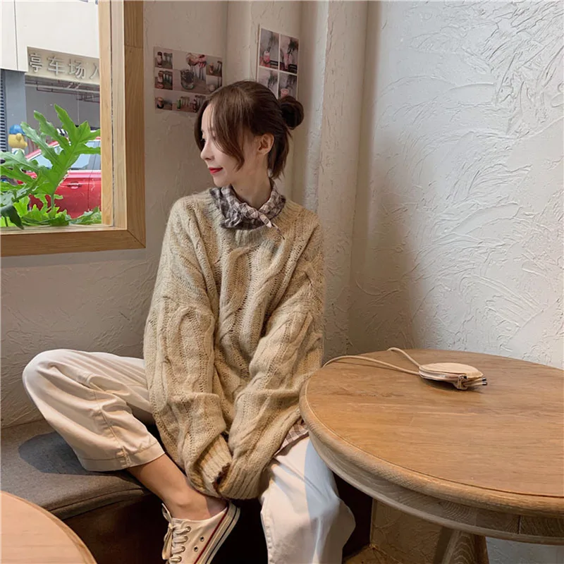 Women's Classic Plaid Casual Bow Collar Shirt Female Korean Twist Wild Loose O-neck Knit Pullover Sweater Two-piece Tops ML235
