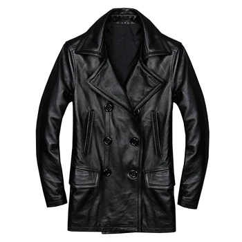 

2020 Black Men Long Casual Jacket XXXXXL Double Breasted Genuine Cowhide Russian Classic Slim Fit Leather Coat