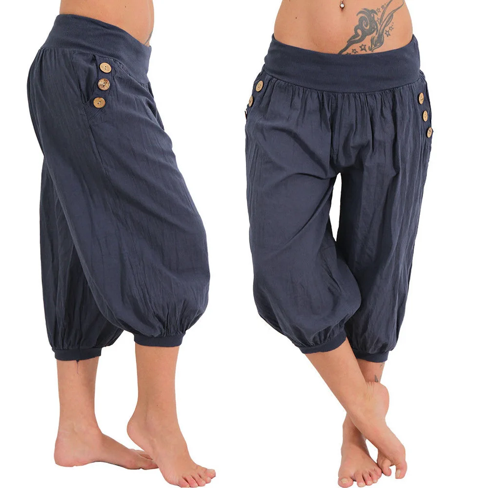 

Summer New Pattern Casual Pants Enlarged Code Calf-Length Pants Casual Loose Pockets Solid Wide Leg Pants