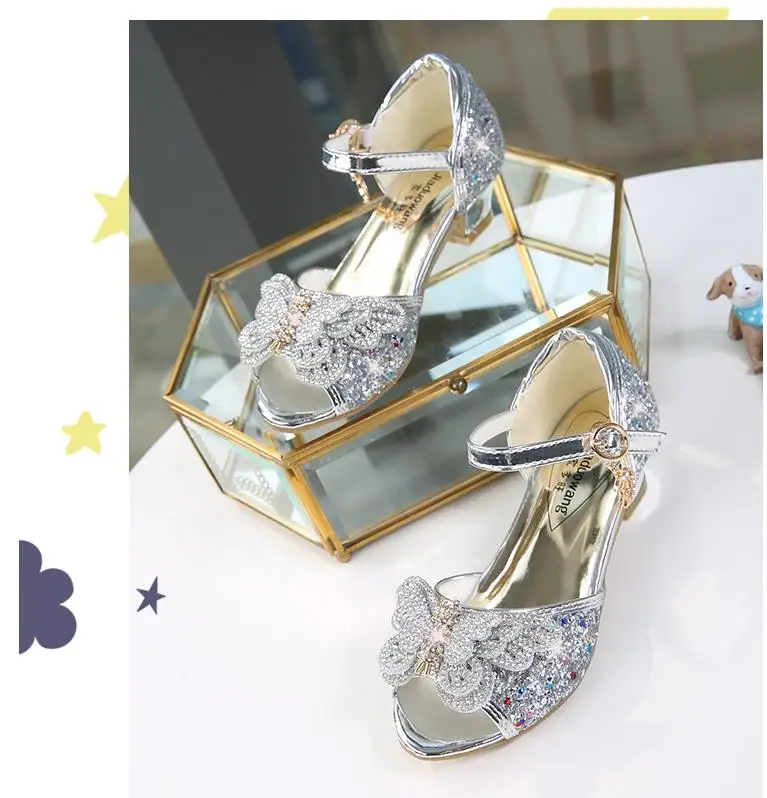 Детская блестящая обувь с бантиком для девочек; chaussures prinsessen schoenen; блестящие босоножки с бантиком; модельные туфли на высоком каблуке