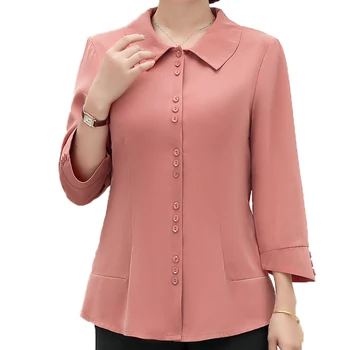 

Peter Pan Collar Shirt Woman Smart Casual Pink Yellow Pure Colour Nine Length Sleeve Top Office Lady Elegant Blouse Less is More