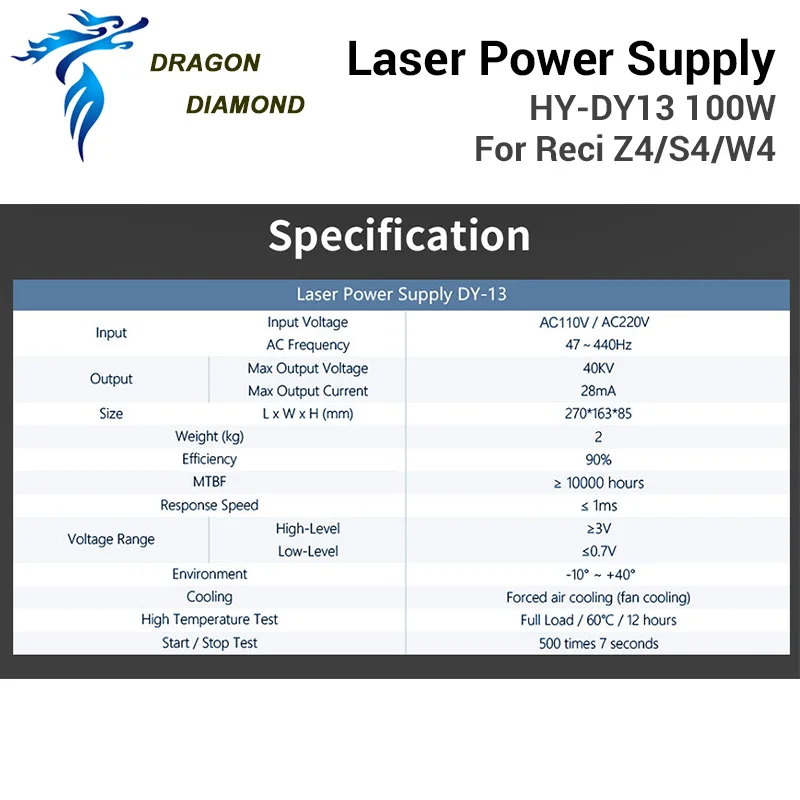 DRAGON DIAMOND DY13 100 Вт Co2 лазерный источник питания для RECI W2 лазерная трубка машина