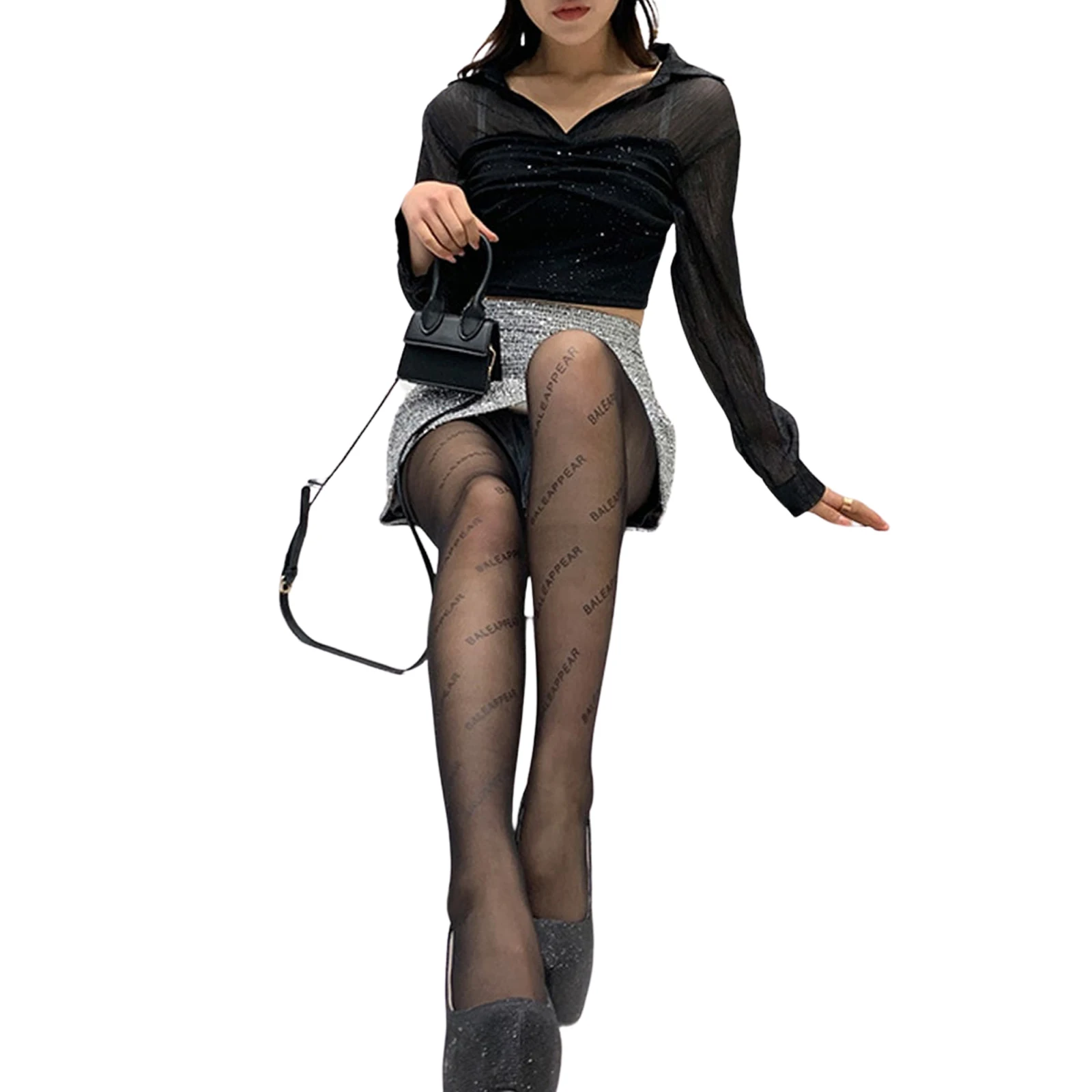 

Women Mesh Stockings Thin Pants, See-Through Summer Accessory Letters Printed Elastic Black Skin Socks