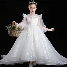 Корейское милое роскошное детское длинное платье принцессы на свадьбу, вечеринку, день рождения, детские костюмы с круглым вырезом для подростков