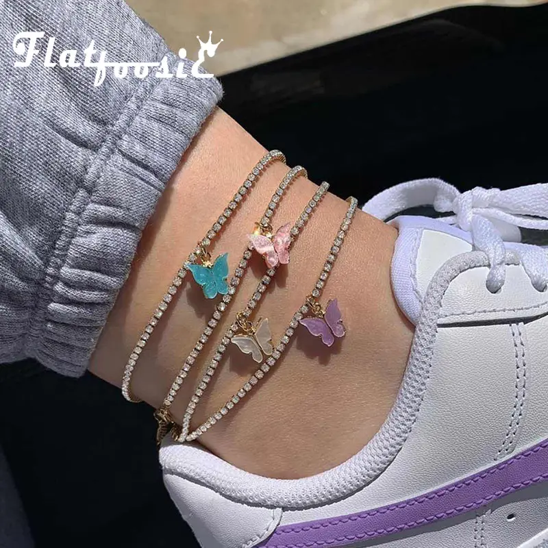 

Flatfoosie 2Pcs/Set Trendy Butterfly Anklet Gold Color Rhinestone Tennis Chain Anklet Jewelry for Women Beach Foot Bracelet