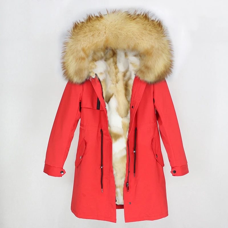 OFTBUY настоящая меховая парка зимняя куртка женская натуральный Лисий меховой капюшон, воротник лиса пальто с подкладкой Толстая теплая верхняя одежда Уличная Повседневная - Цвет: red gold