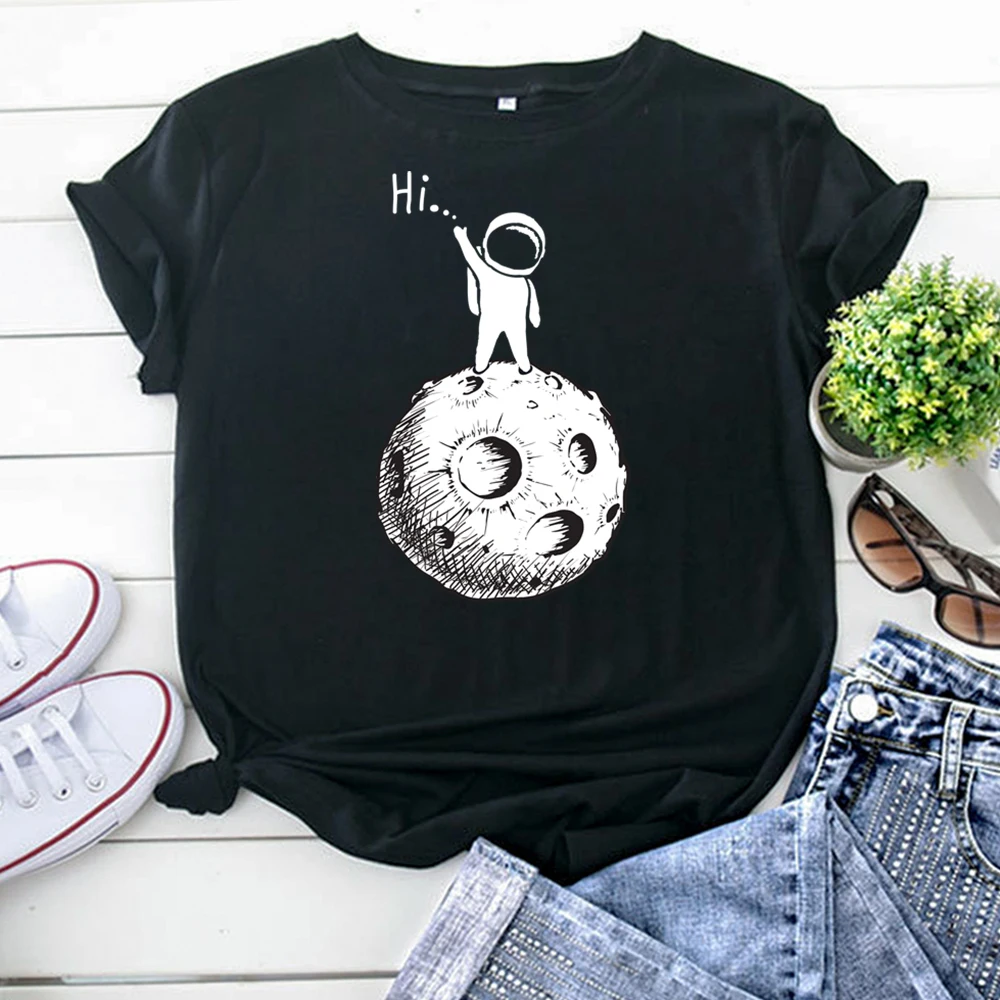 T-Shirts Astronaut On The Moon Beckon Tshirts For Women'S Solid Color Vintage Women'S T Shirts Fashion Harajuku Short Sleeve
