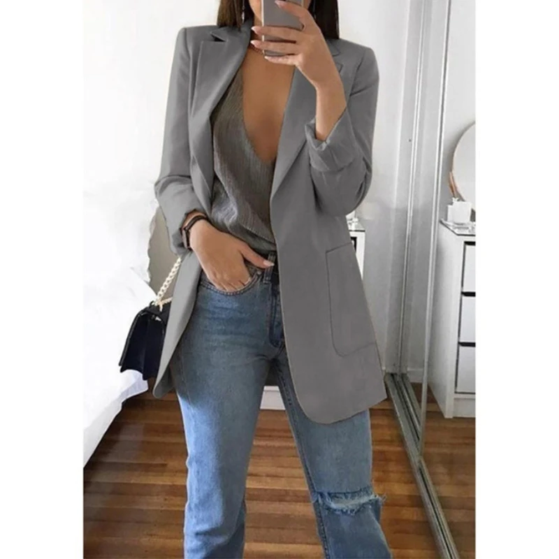 lower price  Casual Jackets For Women Slim Long Sleeves Turn-Down Collar Ladies Jackets Cardigan Mid Solid Femal
