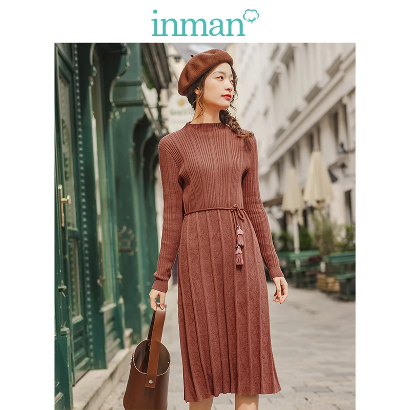 

INMAN 2019 Autumn New Arrival Solid Stand up Collar Jacquard Defined Waist Slim Elegant Lacing Women Jersey Dress