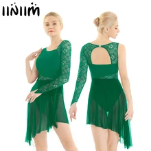 

Women Ballet Leotard Dress Single with Fingertip Lace Bodice Lyrical Modern Dance Wear Femme Adult Asymmetric Gymnastics Costume