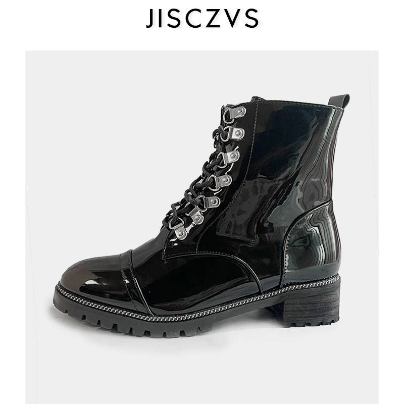

2019 Black Thick Bottom Punk Boots Woman Round Lace Up Ankle Boots For Woman Patent Leather Boots Designer Shoes Platform Boots