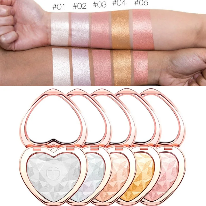 

Hot Sale Shimmer Face Highlighter Makeup Heart Shaped Brighten Cheek Nose Highlight Shining Powder Palette with Mirror Cosmetics