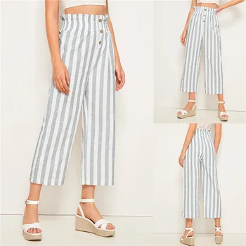 

Women's Summer Trousers Female High Waist Wide Leg Culottes Cotton Linen Trousers Loose cargo pants for wome