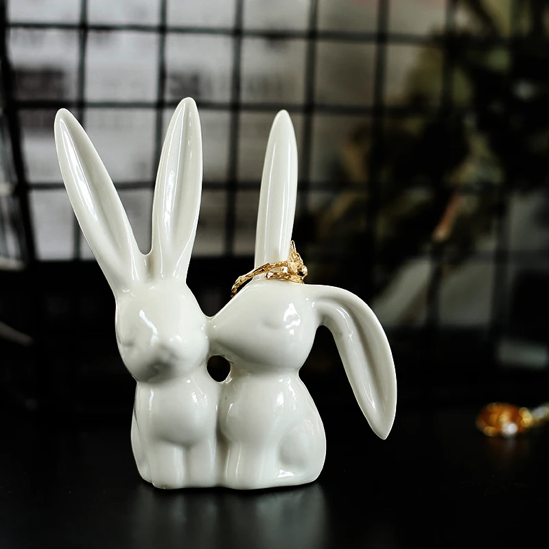 INS керамические мини фигурки кролика, кольцо, стеллаж для хранения ювелирных изделий, милые украшения, керамические украшения на день рождения, подарки для друзей