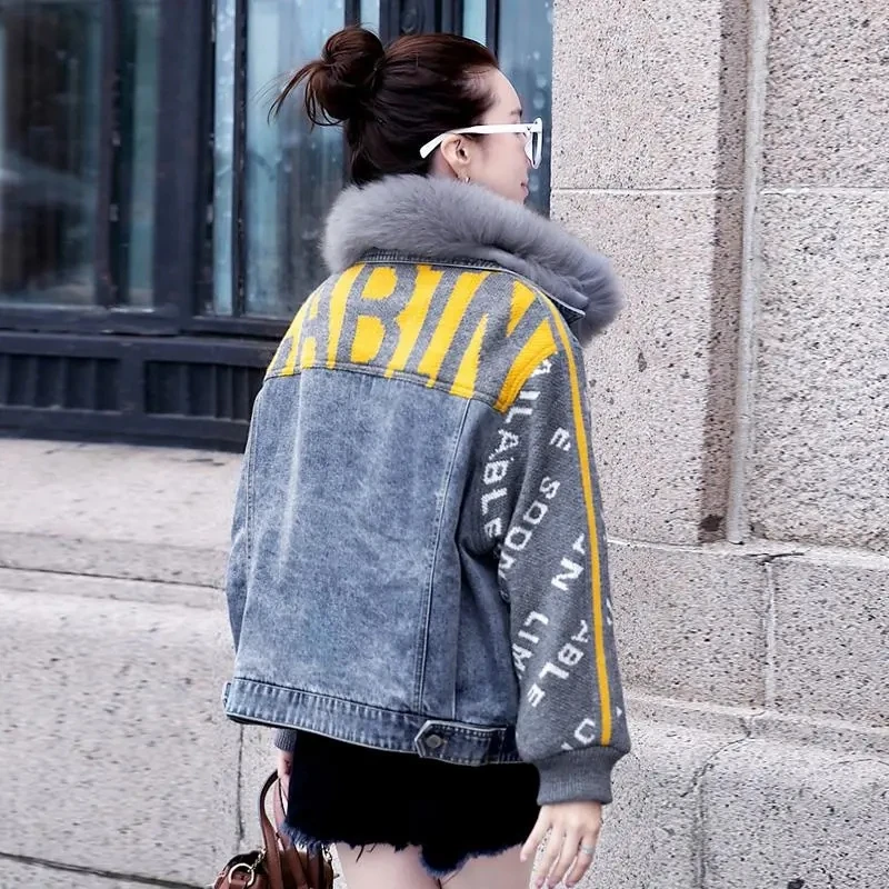 

Fashion Big Fur Collar Denim Jacket Womens Short Winter Coat Korean Loose Lamb Wool Jacket Female Plus Velvet Cotton Parka Coat