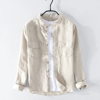 

2020 Men's Long Sleeve Striped Shirts Twin Pocket Summer Casual Shirt Man 100%Linen Tops Y2348