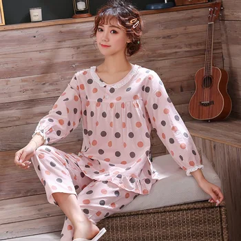 

Nightwear Cotton Pajamas Women's Thin Summer New Polka Dot Home Clothes Cartoon Cute 2PCS Sleepwear Set O-neck Casual Pijamas