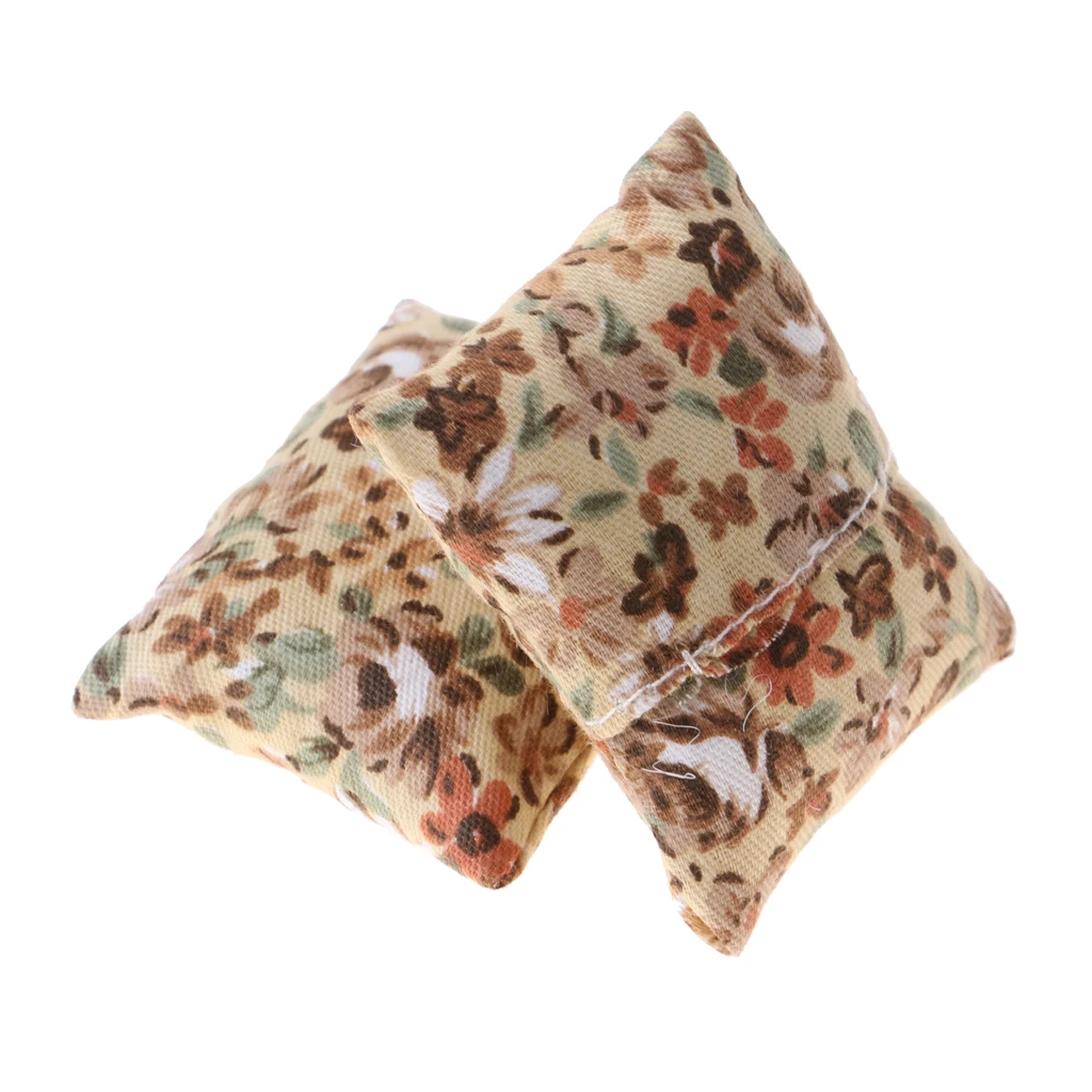 2 Pieces 1/12 Scale Floral Pillow Cushion For Doll House Sofa Bed Accessory