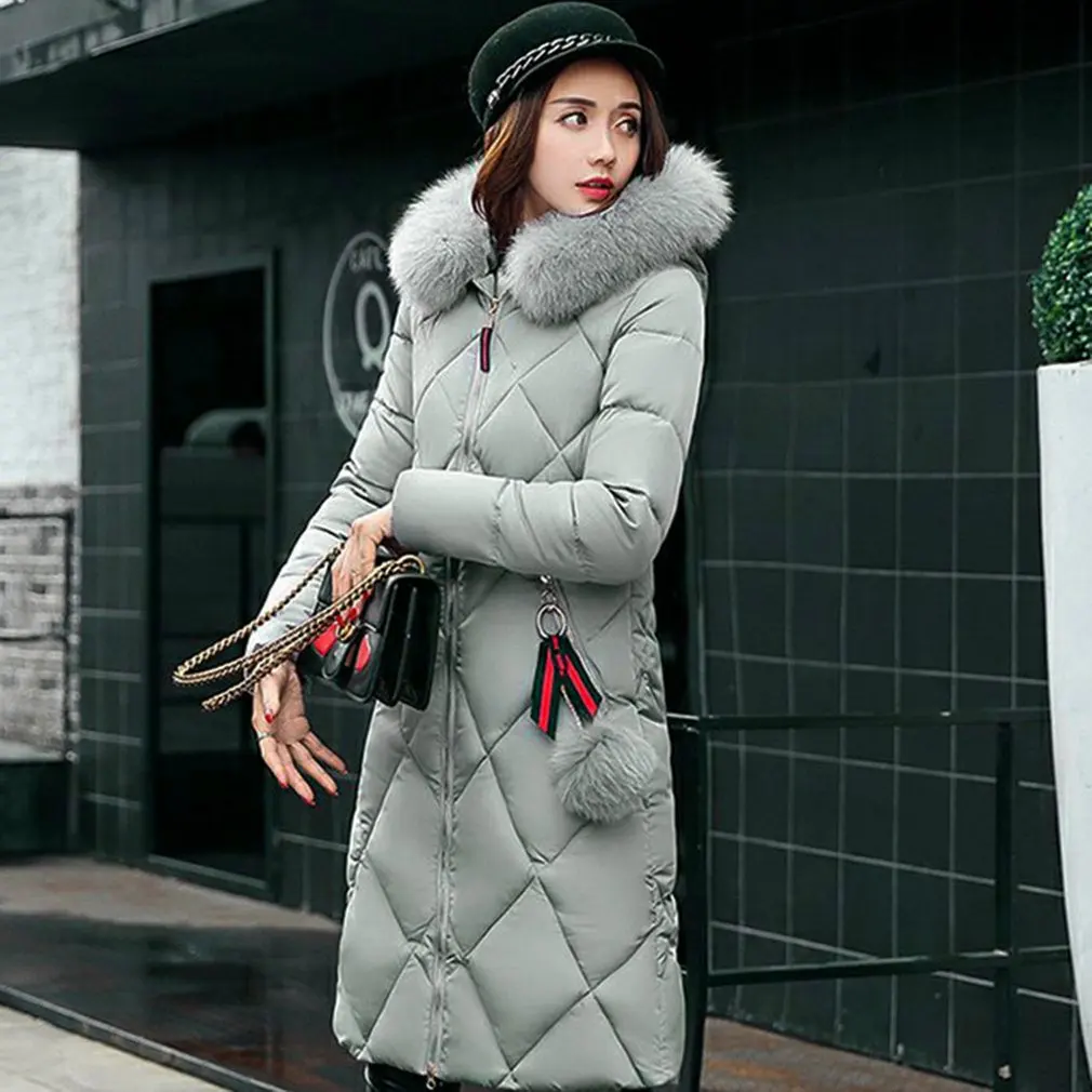 

Korean Style Women Winter Coat Fashion All-match Hooded Down Fur Collar Jacket Thick Warm Cotton Coat Over-knee Jacket Coat
