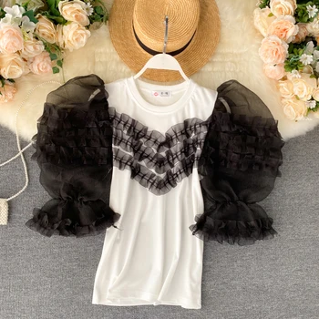 

Sweet Ruched Puffy Sleeve Patchwork O-neck T-shirt Women Casual Chic Pullover Top