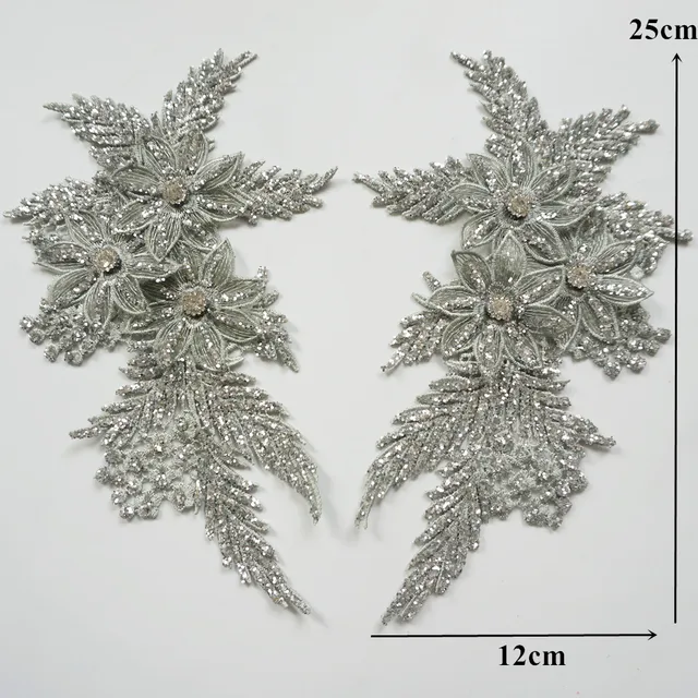 2 Paia Toppe In Pizzo Con Paillettes Specchiate - Motivo Fiore Per Abiti Da Sposa E Serata - Foto 12