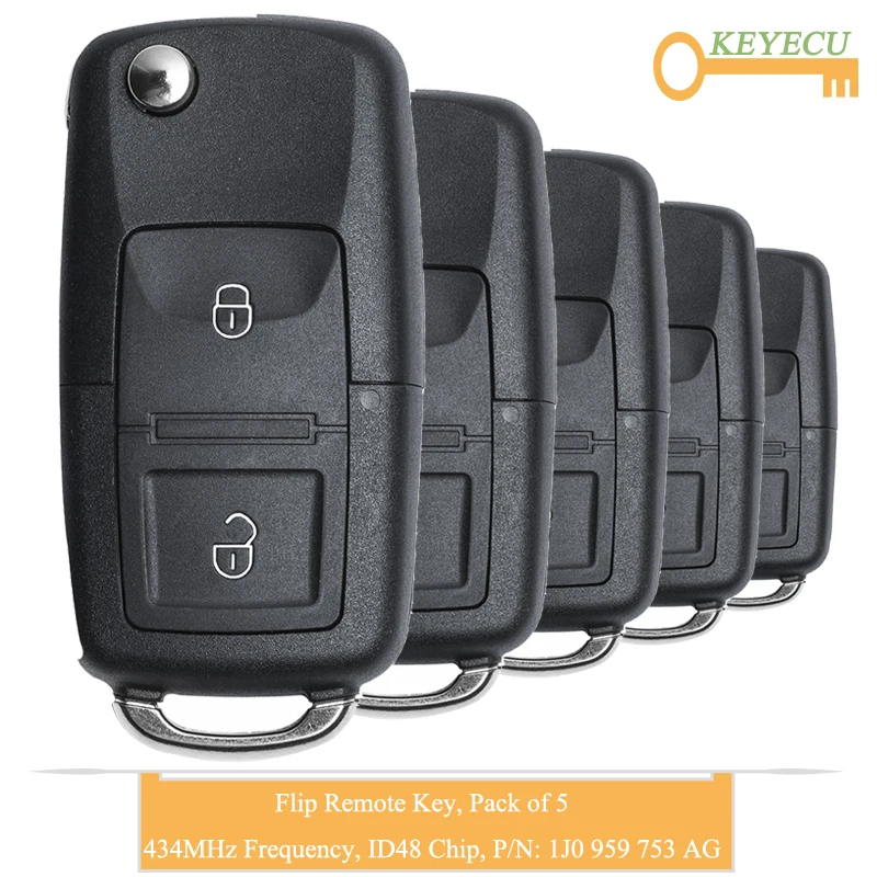 

KEYECU 5PCS Flip Remote Control Car Key for Volkswagen Beetle Bora Golf Passat Polo Transporter T5, 2 Btn - 434MHz - 1J0959753AG